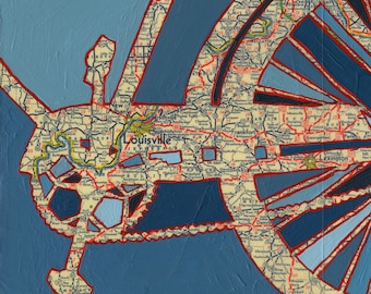 Louisville // bike map print on paper or wood mount /  Lexington, Frankfort, Kentucky bicycle art mounted print