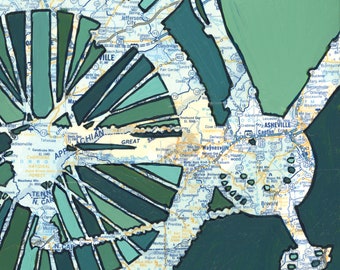 May include: Abstract artwork featuring a map of the Appalachian region with green geometric shapes overlaid. The map is visible beneath the shapes, with place names and roads. The color palette includes shades of green and blue.