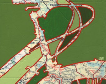 May include: A vintage map of Boston, Massachusetts, with a red outline highlighting the city's boundaries. The map is printed on a green background and includes street names, landmarks, and points of interest.