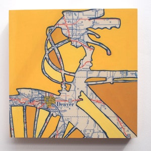 Denver // print on paper or wood panel - featuring Aurora, Englewood, Golden, Arvada, Rocky Mountains,  Colorado yellow bicycle art
