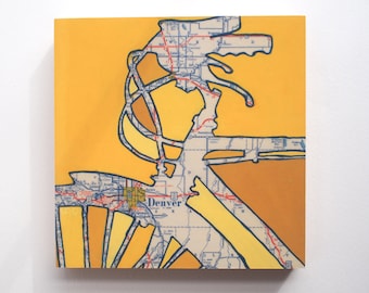 Denver // print on paper or wood panel - featuring Aurora, Englewood, Golden, Arvada, Rocky Mountains,  Colorado yellow bicycle art