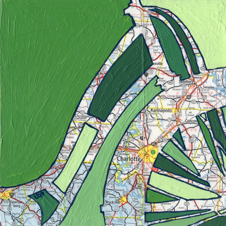 Charlotte // print on paper or wood print blue or green // Queen City, Rock Hill, Fort Mill, Kannapolis, North Carolina bicycle art image 2