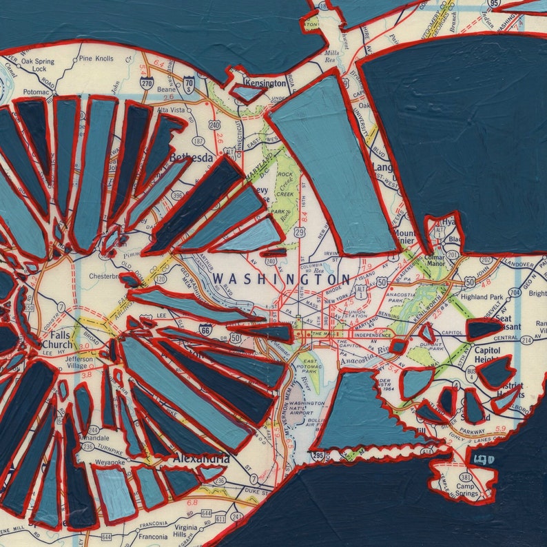 Washington DC // bike print on paper or wood / Falls Creek, Rock Creek Park, Highland Park, Anacostia cycle, bicycle art image 1