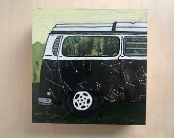 Constellation no.2 - original painting 6x6 - VW bus painted with vintage postcards & star maps, Volkswagen van, van life, camper, road trip