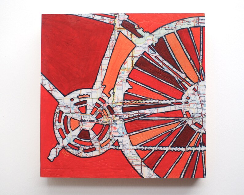 Oklahoma City // bike art print on paper or wood panel / Midwest City, Del City, Norman, Oklahoma bicycle art image 1