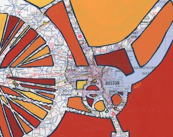May include: A stylized map of the Boston area with a red, orange, and yellow color scheme. The map is divided into sections with the names of towns and cities labeled. The map is surrounded by a thick black border.