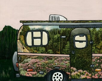 Rhododendron // Scamp camper print on paper or wood panel / mixed media art / vintage postcards / travel trailer