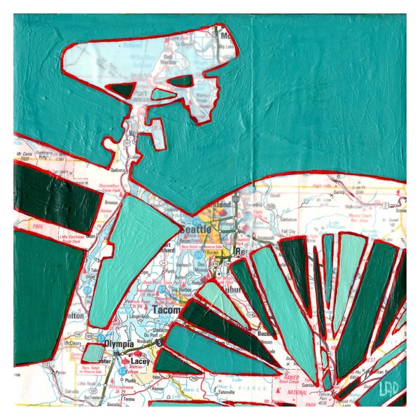 Bike Seattle print - bicycle art  featuring Seattle, Tacoma, Olympia, Lacey, Mt Ranier  Washington