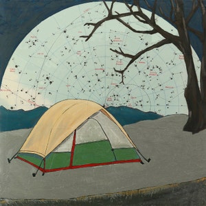 Durmiendo bajo la gran osa - impresión en papel o madera - camping, mochilero, observación de estrellas, tienda de campaña, constelación