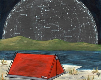 With the Sky print - print on paper or wood Camping on the Beach with stars and constellations wooden art block