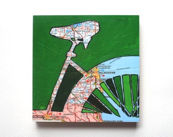 Milwaukee // bike print on paper or wood  / Fond du Lac, Whitefish Bay,  Shorewood, Wisconsin bicycle art mounted to art block