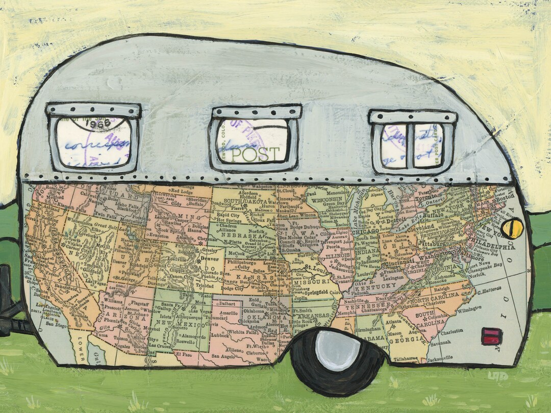 Coast to Coast Print of Vintage Camper Featuring Map of United States