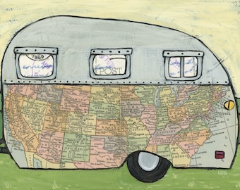 Coast to Coast - print of vintage camper featuring map of United States, wanderlust, travel, camp, retro