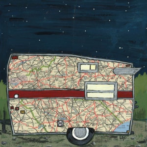 Nachthimmel - Druck von original-Gemälde mit einem Vintage Camper + eine Karte von North & South Carolina, Asheville, Boone, Smoky Mountains