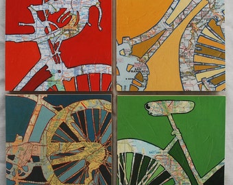 Vintage Map Bicycle Art Prints, Mounted Wood Block, Set of 4