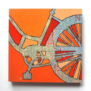 Fahrrad-Atlanta montiert Druck - orange mit Vintage-Karte der Innenstadt von Atlanta, Grant Park, Georgia Fahrrad Kunst auf Holz montiert