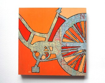 Bike Atlanta mounted print -orange featuring vintage map of downtown Atlanta, Grant Park, Georgia  bicycle art mounted to wood