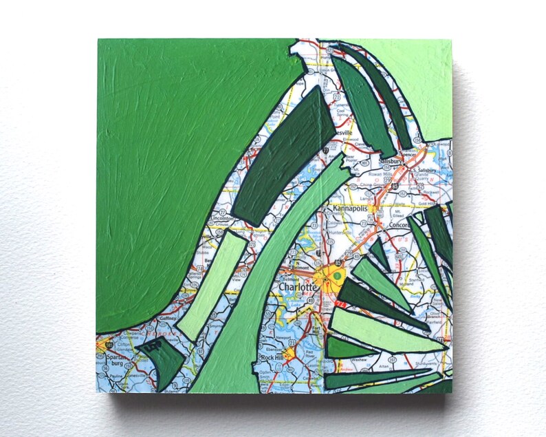 Charlotte // print on paper or wood print blue or green // Queen City, Rock Hill, Fort Mill, Kannapolis, North Carolina bicycle art image 3