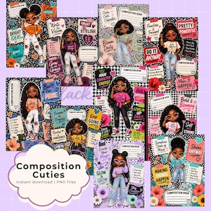 Puede incluir: Una colección digital de Composition Cuties con diversas ilustraciones de personajes jóvenes con varios peinados y atuendos, rodeados de textos motivacionales coloridos, acentos florales y etiquetas de cuadernos sobre un fondo negro.