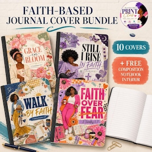 Peut inclure: Un ensemble numérique de 10 couvertures de journal basées sur la foi, illustrant des femmes noires et des motifs floraux. Les titres incluent Grace in Bloom, Still I Rise in Faith, Walk by Faith et Faith Over Fear, avec des versets et un intérieur.