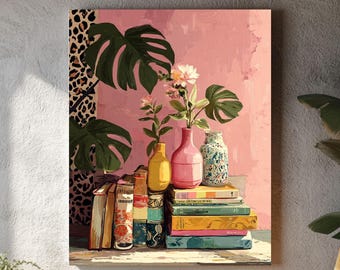 Impresión en lienzo de libro retro y plantas: bodegones coloridos