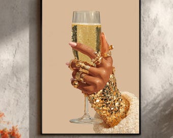 Toile à champagne : bagues en or, oeuvre d'art murale tendance élégante