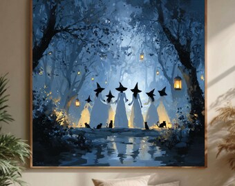 Witches in Forest Canvas Art: Gothic Halloween Black Cat Painting
