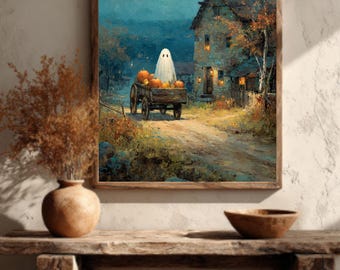 Impresión en lienzo vintage de un carro de calabaza fantasma, arte mural de Halloween con un toque cottagecore espeluznante