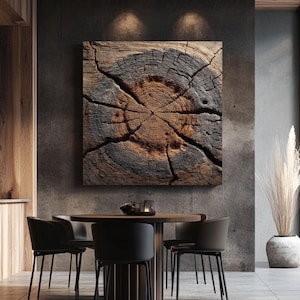 May include: A large, square wooden wall art piece with a detailed cross-section of a tree trunk, showcasing concentric rings and cracks. The artwork is mounted on a dark gray wall above a round dining table with black chairs, creating a modern interior design.