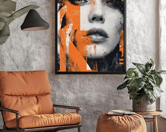 Abstracte vrouwenportretprint: Oranje & Zwarte Grunge Street Art