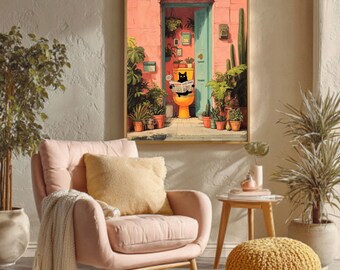 May include: A framed art print depicts a black cat reading a newspaper on a toilet in a colorful outdoor scene. The artwork features a pink wall, turquoise door, and potted plants. A pink armchair, throw, and yellow pillow are in the foreground.