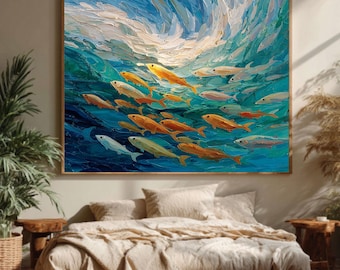 オリジナルのインパストによる海の絵画、渦巻く魚の群れ、テクスチャの