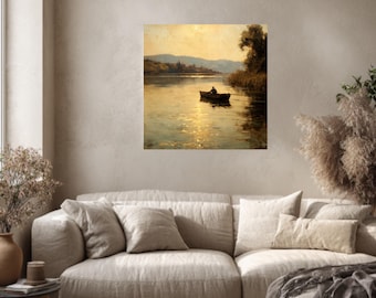 Man Fishing on Riverside, Tranquil Vintage Oil Painting with Hills and Trees, Serene Water Reflection Wall Art, Framed Print
