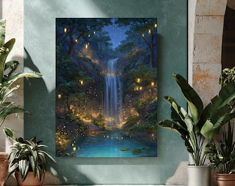 Lámina artística de paisaje de cascada encantada con faroles brillantes y exuberante vegetación – Póster decorativo de pared de fantasía de bosque mágico