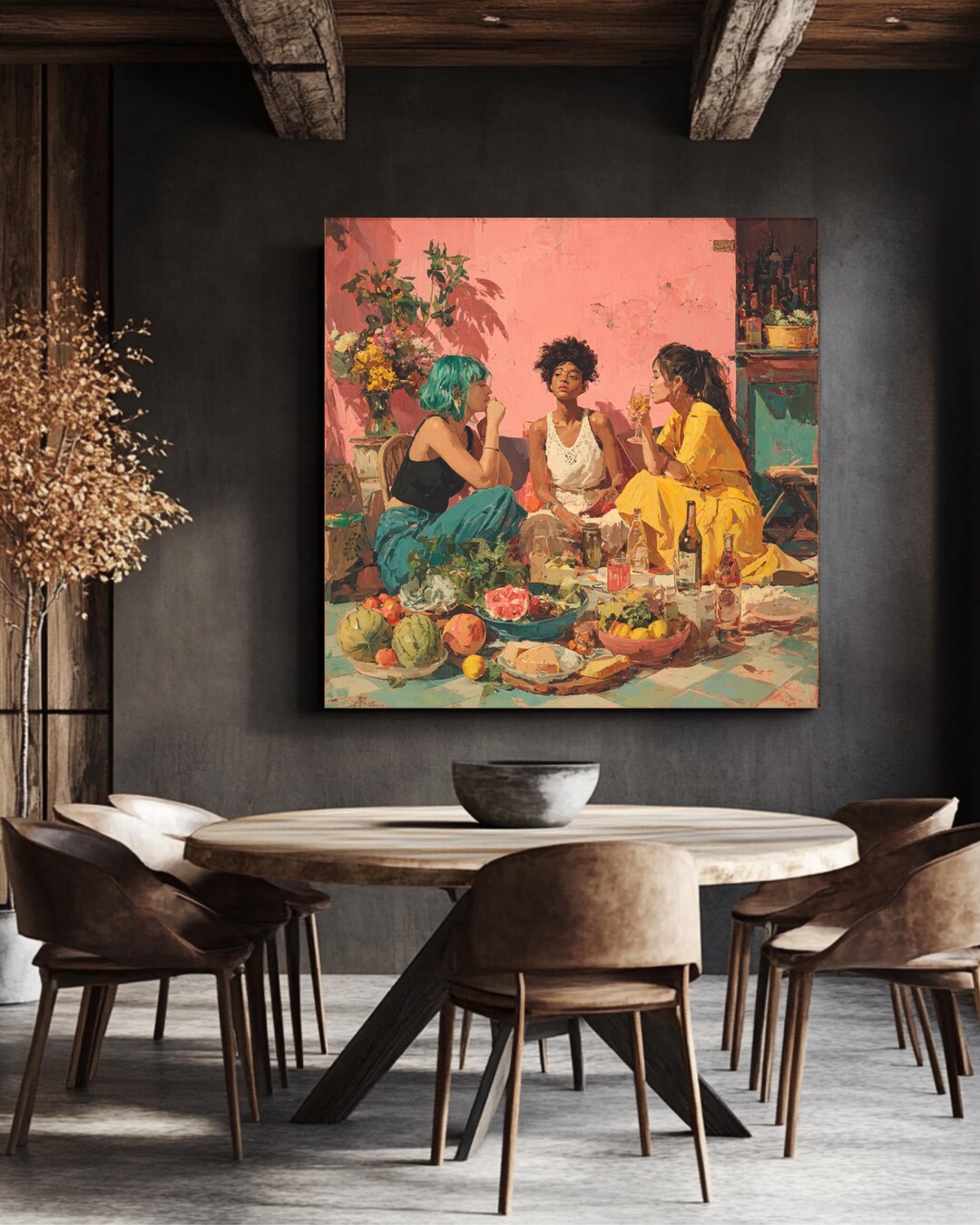 Three Black Women Dining Painting, Living Room Scene With Drinks ...