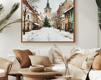 Christmas Village Watercolor Painting, Snowy Holiday Town Street Scene Canvas, Vintage Winter Church Christmas Tree Art