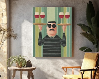 Modern Wine Waiter Art Print, Quirky Bartender Illustration with Red Wine Glasses, Retro Mid Century Style Wall Art Poster Canvas