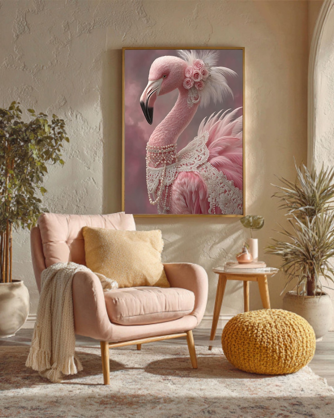 Elegant Flamingo Portrait Canvas, Vintage Lace and Pearl Art Print - Etsy