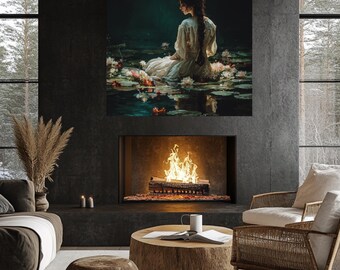 Woman in Water with Lilies Wall Art, Romantic Oil Painting Style, Dreamy Vintage Girl in White Dress Poster, Aesthetic Pond Canvas