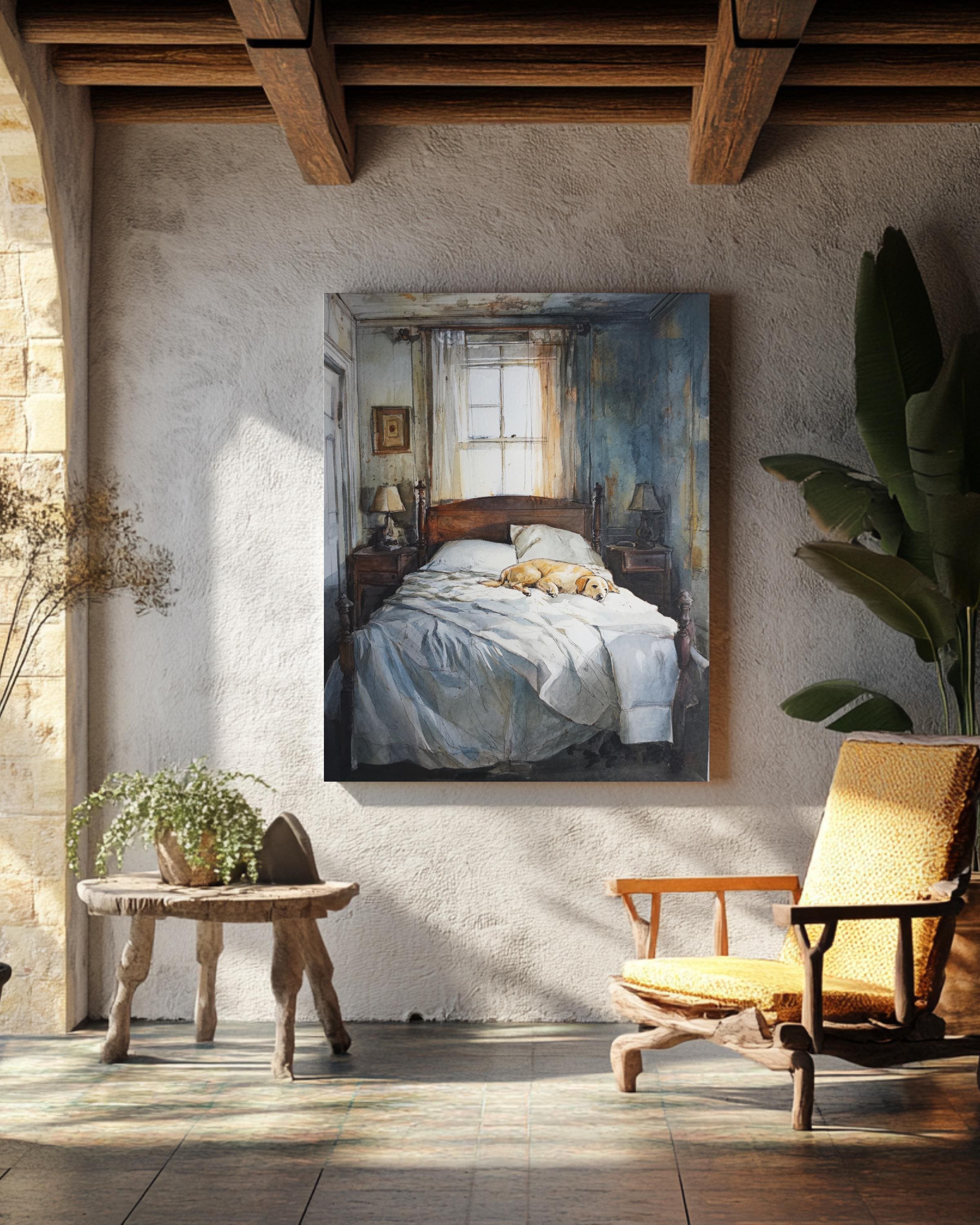Watercolor Painting of Andrew Wyeth–style Bedroom, Sleeping Yellow