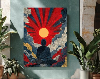 May include: A framed art print featuring a seated Buddha figure in a meditative pose. The artwork showcases a vibrant red and yellow sunburst against a backdrop of blue and white clouds. The Buddha is depicted in dark blue.
