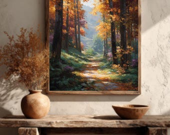 Vintage Autumn Forest Painting: Rustic Cottagecore Wall Art