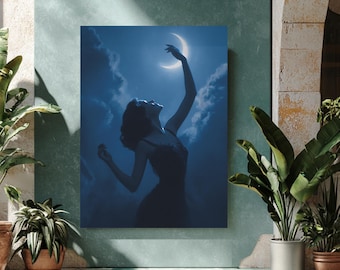 Woman Reaching for Moon Art Print – Surreal Illustration of a Woman Under the Night Sky, Dreamy Celestial Wall Decor, Mystical Nighttime