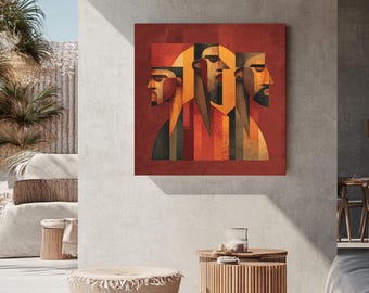 Quadro murale con volti astratti cubisti / Ritratto geometrico nei toni del rosso, arancione e marrone / Poster minimalista moderno, su tela