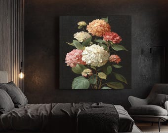 Vintage Hydrangea Still Life Oil Painting Poster, Neutral Floral Wall Art with Dark Black Background, Soft Aesthetic Lighting Canvas