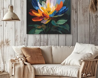 Colorful Abstract Flower Wall Art - Bold Modern Botanical Painting Print - Vibrant Floral Poster, Canvas, or Framed Canvas for Home Decor