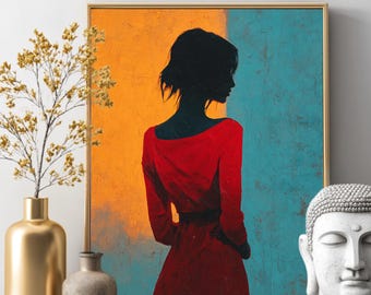 Pintura abstracta del cuerpo femenino, retrato de silueta de mujer de espaldas, arte minimalista moderno, elegante arte mural de figura femenina