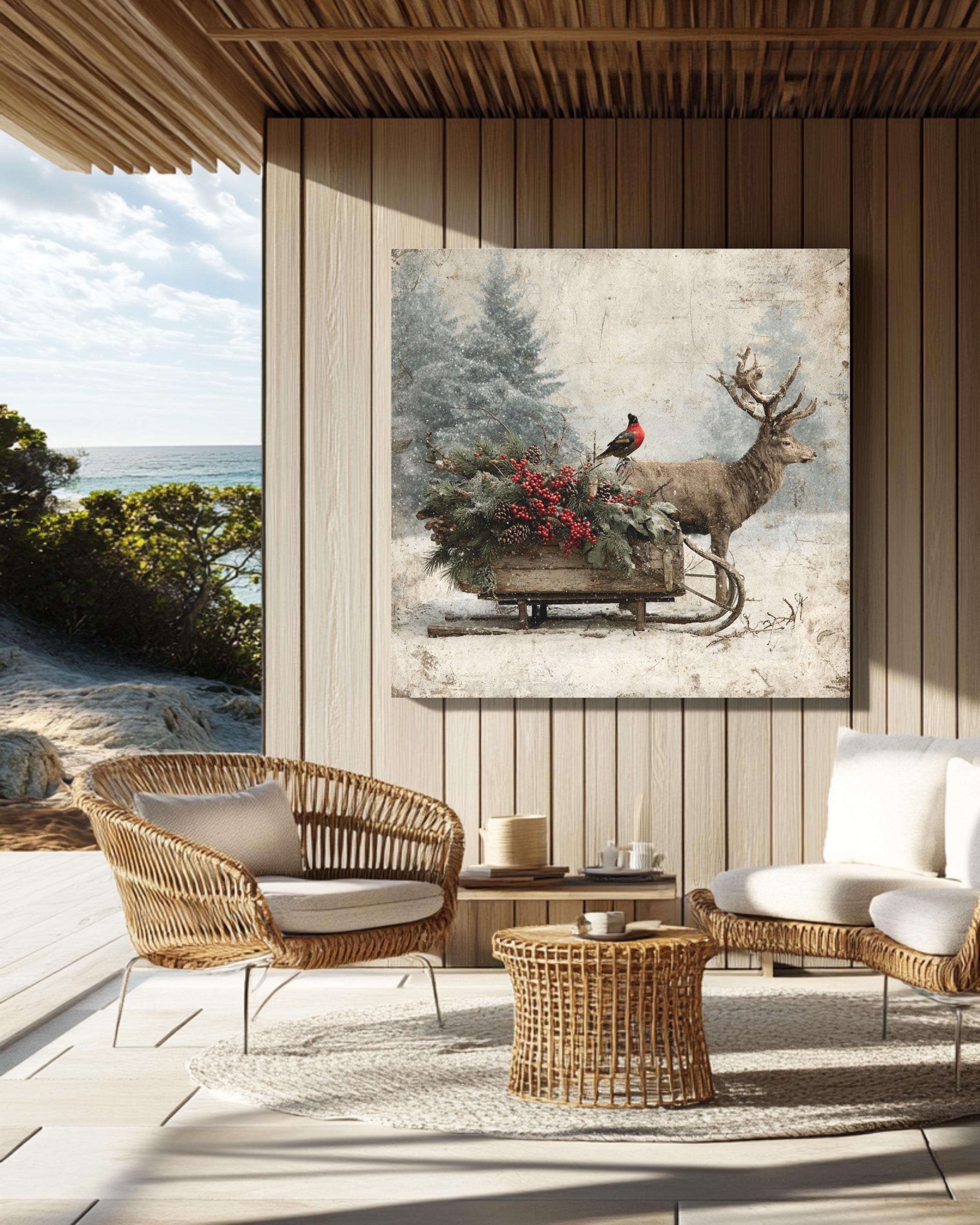Rustic Winter Deer and Cardinal Wall Art | Vintage Christmas Woodland ...