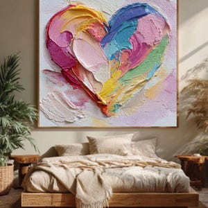 Puede incluir: Una obra de arte en lienzo enmarcada que presenta un corazón pintado con gruesas pinceladas texturizadas. El corazón está compuesto por colores vibrantes como rosa, amarillo, azul y verde. La obra de arte cuelga sobre una cama con ropa de cama de tonos neutros.