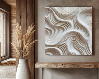 Puede incluir: Una obra de arte mural cuadrada y texturizada, de color blanco, con un diseño fluido y en capas. La obra de arte está montada en una pared gris sobre un banco de madera. A la izquierda hay un jarrón alto y blanco con plantas secas.